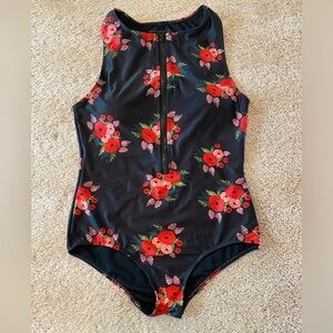 Modcloth black floral one piece swimsuit size L